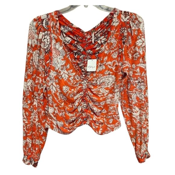 Free People Say the Word Top Sz L Red Floral Combo Peasant Sleeve Cotton Modal - Picture 1 of 9